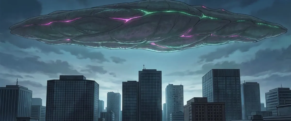A vast alien craft hangs low over a city skyline at dusk, its ridges lit green and magenta.