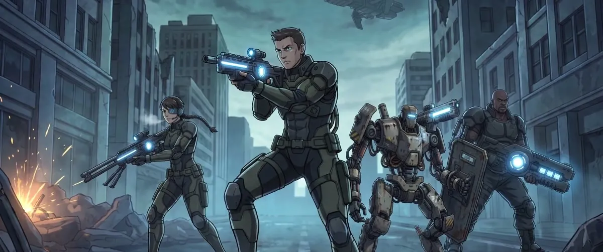 A squad advances through a ruined street with energy rifles raised, a walker mech beside them.