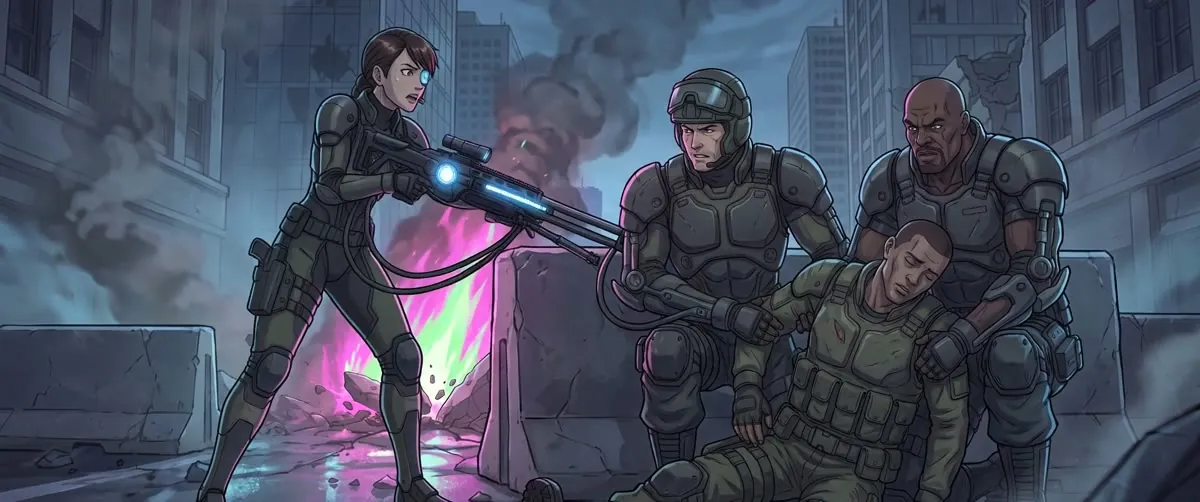 Two soldiers carry a wounded comrade while a third covers them, magenta fire burning behind.