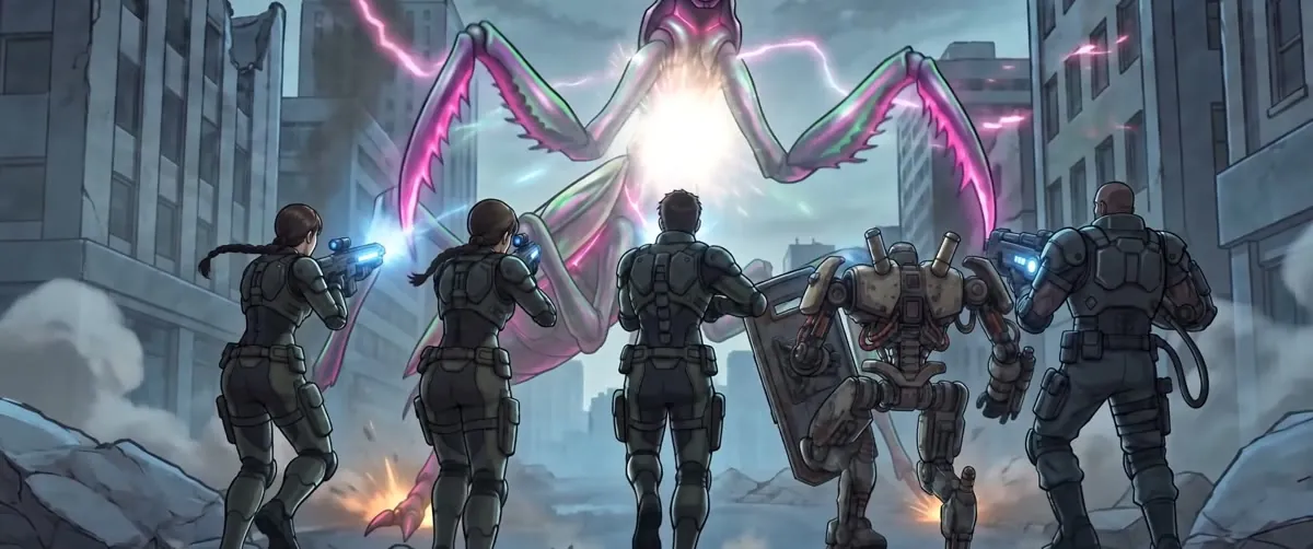 The squad faces a towering winged alien charging a blast of white energy between its claws.