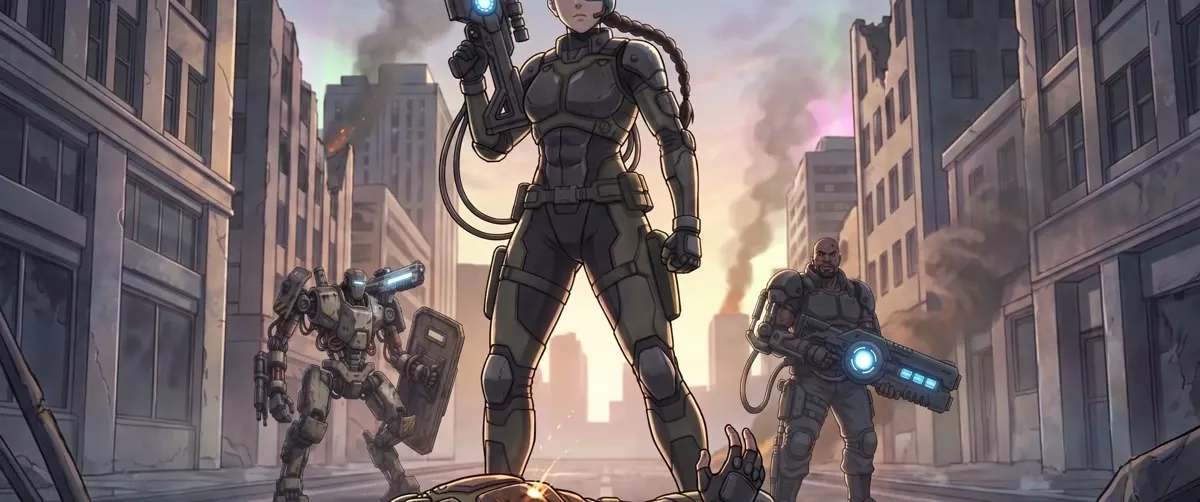 A soldier stands over a defeated alien at sunrise, mech and squadmate flanking her.